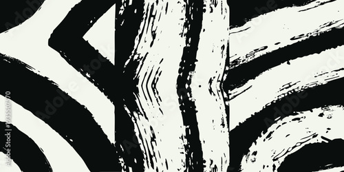 Abstract black and white brushstrokes create a dynamic textured composition