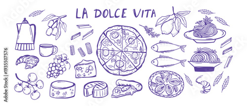 Mediterranean food sketch, Italian food doodle set, Lunch: seafood pizza and spaghetti, Hand drawn wine and cheese