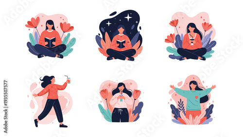 Collection of flat illustrations depicts various women relaxing by reading books, drinking tea, and enjoying nature in garden settings.