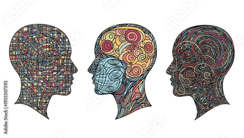 Artistic representation of human minds shows three profiles filled with different intricate geometric, organic, and swirl patterns.