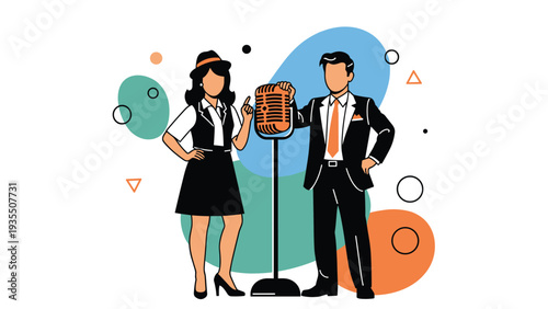 Retro style illustration features a man and woman in classic attire standing next to a vintage silver microphone on a graphic background.