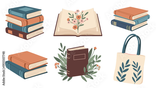 Set of literary themed illustrations includes stacks of books, an open book with flowers, and a tote bag with leaf patterns.