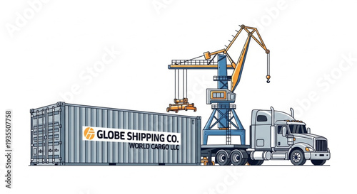 Shipping Container Truck and Crane at Port.