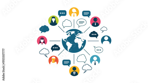 Conceptual illustration of a global social network shows diverse people avatars connected to a world map via communication bubbles.