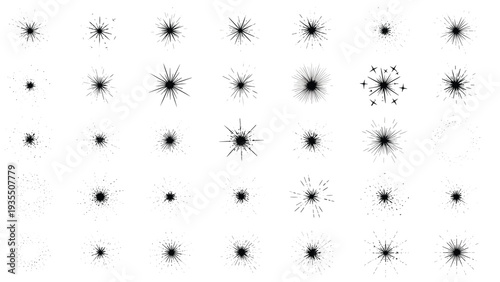 Comprehensive collection of diverse black starburst and spark icons is organized in a grid for use as festive graphic design elements.