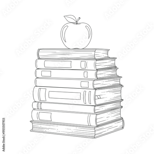 Stack of hardcover books supports a single apple on top, representing knowledge and education concepts in a minimal drawing.