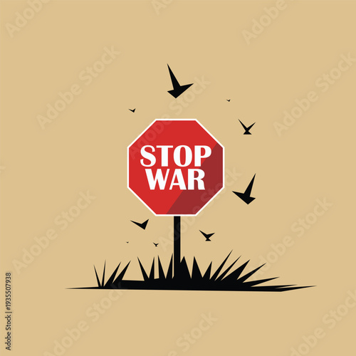 Minimalist vector illustration featuring bold typography “Stop War”, peace dove silhouette, strong contrast colors, symbolic antiwar message.

