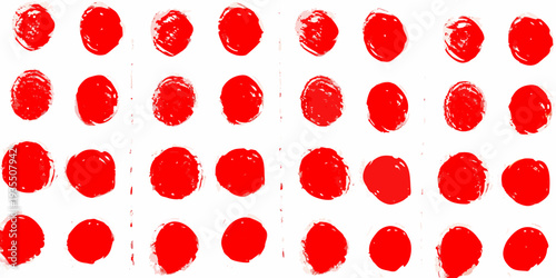 Arrangement of vibrant red circular ink stamps on a white background