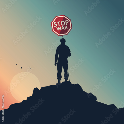 Minimalist vector illustration featuring bold typography “Stop War”, peace dove silhouette, strong contrast colors, symbolic antiwar message.
