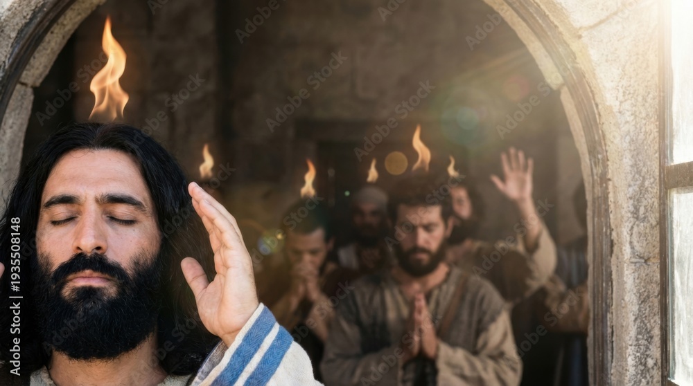 Obraz premium Man with long hair and beard praying with flame above his head. Pentecost scene, Holy Spirit descending on apostles.