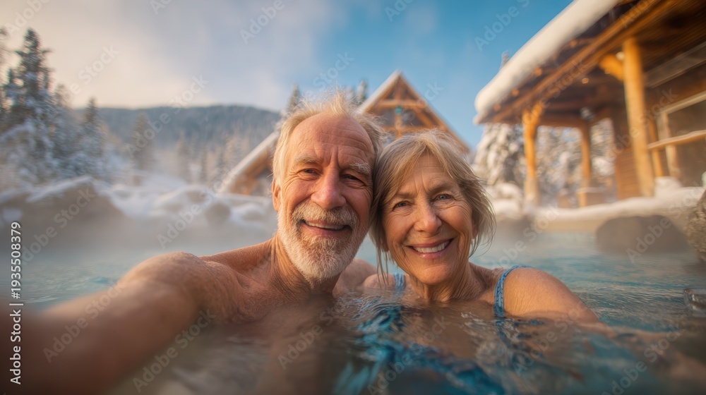 Fototapeta premium Geothermal hot springs resort, spa, bath pool, relaxation vacation theme. A man and woman taking a selfie in a hot tub surrounded by snowcovered trees and a wooden house.