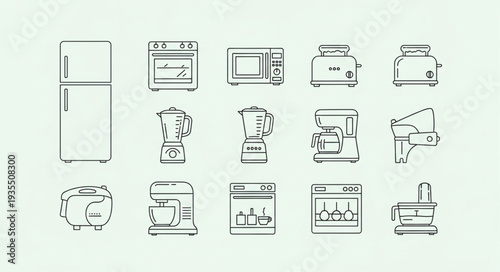 Collection of kitchen appliance icons in a simple line art style.