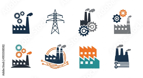 Collection of industrial factory icons and power line tower.
