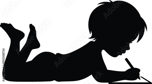 Silhouette of Boy Writing on the Floor