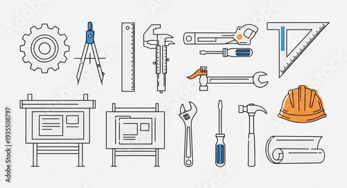 Collection of engineering and construction tools and equipment.