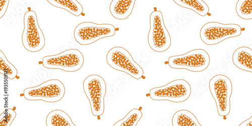 Hand drawn papaya seamless pattern. White background with tropical papaya fruit silhouette, doodle sketch style. Healthy organic food print. Continuous fill for packaging, paper, textiles, design. Vec