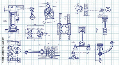 Technical Engineering Blueprints of Mechanical Components on Grid Paper.