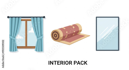 Interior Design Elements Pack with Curtains Rug and Mirror.