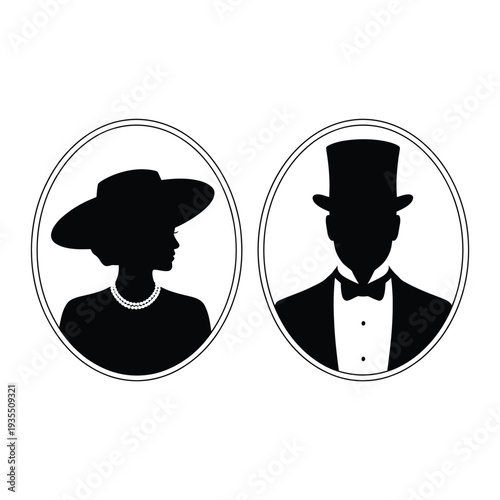 Elegant silhouettes of a woman and man in formal attire within circles