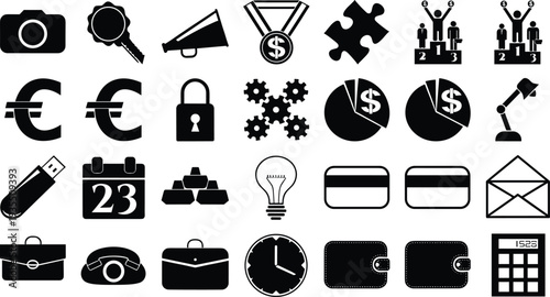Comprehensive Black Silhouette Icon Set Featuring Business Finance Education Healthcare Technology and Nature Symbols for Professional UI UX Design Web Apps and Digital Media Projects