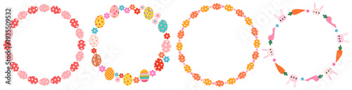 Cute Easter round vector frames with eggs, flowers and bunny faces, circle spring wreaths for greeting cards and Easter egg hunt designs