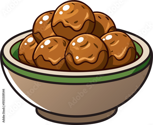 Bowl of Swedish meatballs with gravy, minimal outline illustration, clean vector style, no gradients, white background.