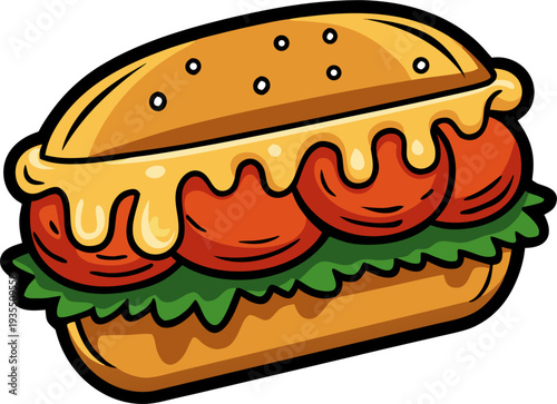Meatball sub sandwich, melted cheese detail, simple line art, bold black outline, flat vector, isolated on white.