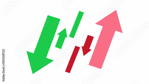 3d green and red arrows rising and falling sharply on white background