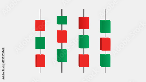 Abstract 3d art featuring floating red and green cylinders on white background