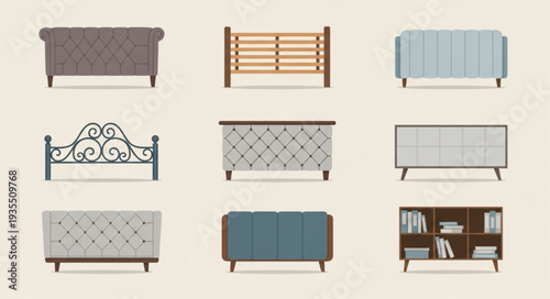 Collection of nine different furniture pieces on a neutral background.