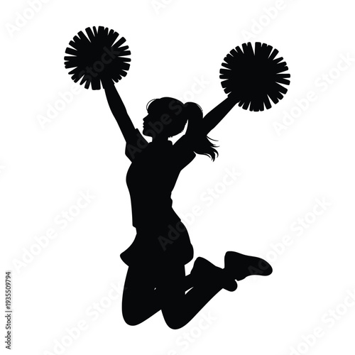Silhouette of a cheerleader jumping with pom poms in the air