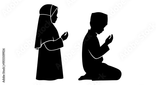 Two individuals engaged in prayer, demonstrating islamic devotion and unity. Vector, illustration