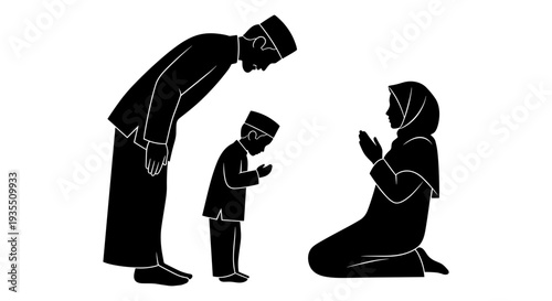 Family in prayer during a religious ceremony with traditional attire Vector, illustration