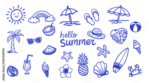Summer Beach Doodle Collection with Sun, Palm, Surfboard, Ice Cream and Tropical Elements