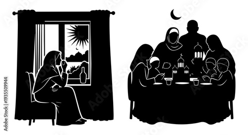 Silhouettes of quiet evening moments in contrasting domestic settings Vector, illustration