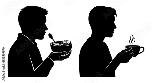 Two silhouettes enjoying different breakfast items in contrasting styles. Vector, illustration