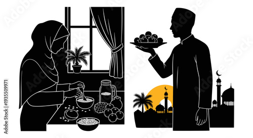 A man serving food to a woman during a traditional evening meal. Vector, illustration