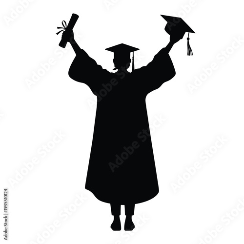 Silhouette of a graduating student celebrating with diploma in hand