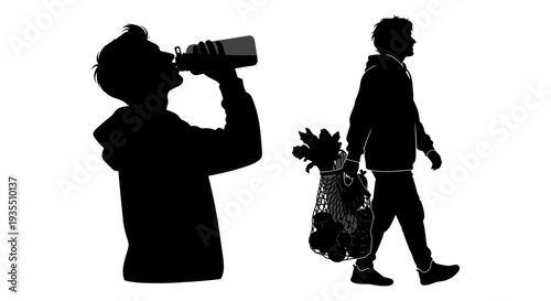 Two silhouettes: one drinking and the other carrying groceries while walking. Vector, illustration