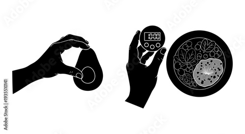 Holding a digital coin and a device displaying a decentralized network interface Vector, illustration