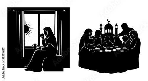Silhouettes of quiet moments in contrasting domestic settings Vector, illustration