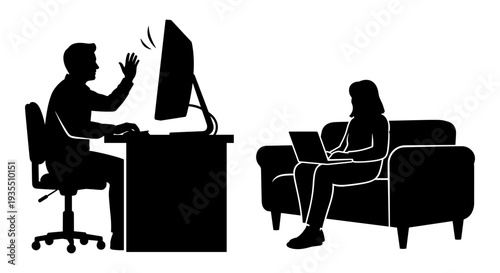 A professional working remotely while a family member relaxes nearby Vector, illustration