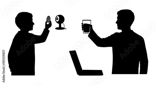 Two individuals celebrating with trophies and drinks while working remotely Vector, illustration