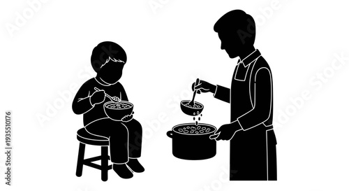 A caregiver serving food to a young child sitting at a small table Vector, illustration