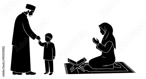 A family engaged in a traditional prayer session with a young child observing. Vector, illustration