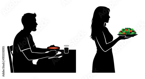 Woman offering food to a man sitting at a table with a plate and drink Vector, illustration