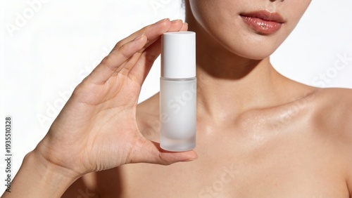 Young woman with glowing skin holds a frosted glass cosmetic bottle with a white cap against a bright minimalist background.