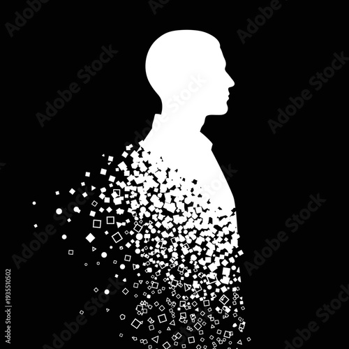 Man Silhouette Disintegrating into Geometric Shapes.