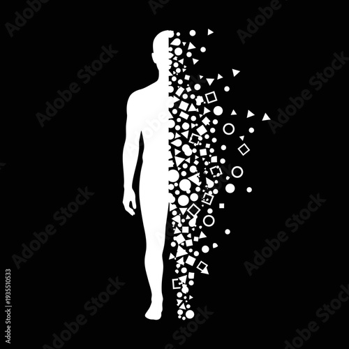 Human Silhouette Disintegrating into Geometric Shapes.