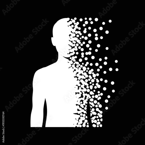 Human Silhouette Disintegrating into Small Particles.